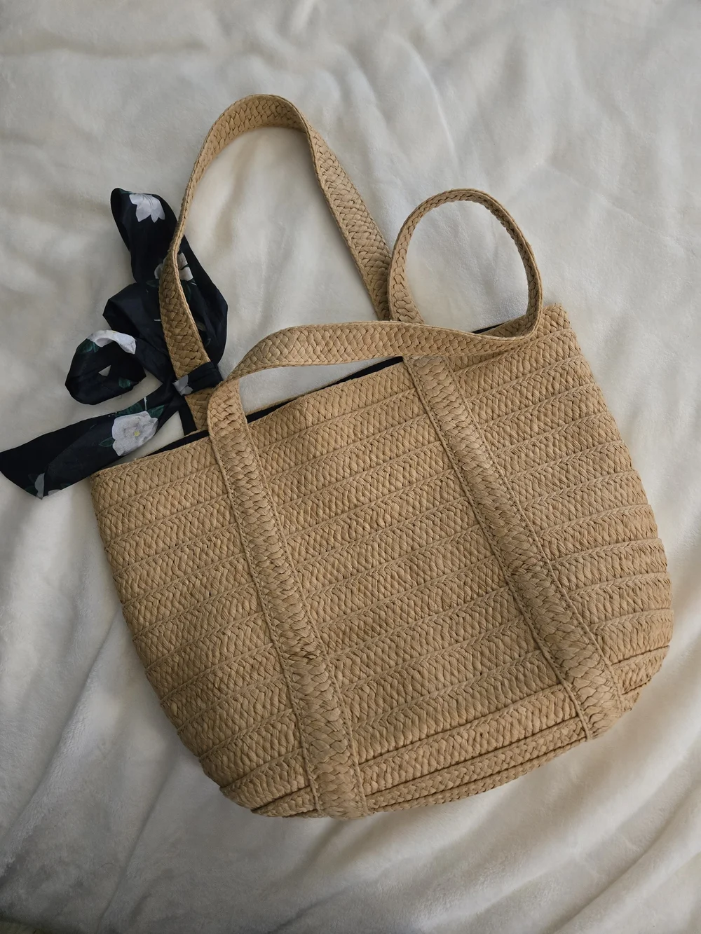 Draper James Woven Straw Tote Bag with Floral Scarf Accent - Tan - Picture 2 of 4